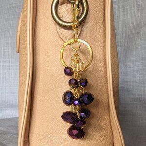 PLUM PURPLE/ GOLD BEADED BAG CHARM PERSONALIZED LETTER W CHARM FOR PURSE OR TOTE